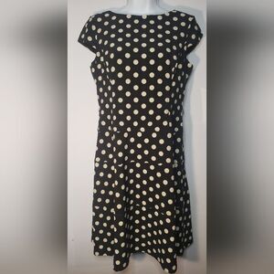 Anne Klein Spotted Skater Dress Drop Waist Cap Sleeve  Black And Beige Size 10